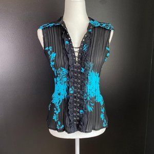 Corset Style Lace-Up Pleated Black & Blue Sleeveless Collared Blouse